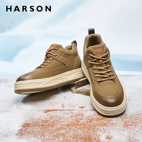 哈森男鞋冬季加绒户外休闲工装鞋厚底增高保暖棉鞋男真皮高帮板鞋商品大图