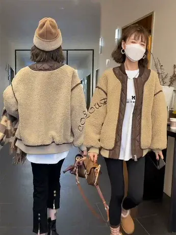 秋冬外套女羊羔毛加绒加厚棒球服外套女网红款2023新款保暖外套潮商品大图