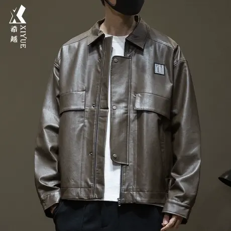 希越美式复古PU皮衣男士秋季翻领夹克宽松大码小众设计高级感外套商品大图