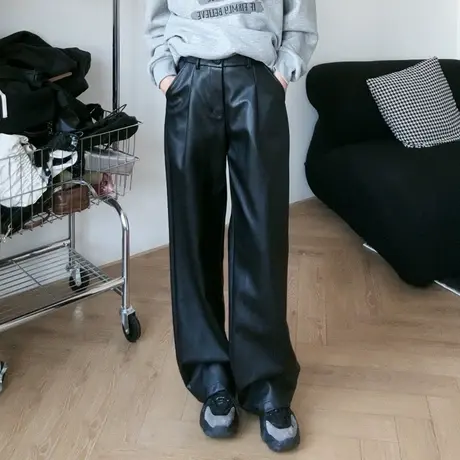 尔给黑色高腰高级感皮裤女秋冬2023新款裤子小个子直筒宽松阔腿裤商品大图