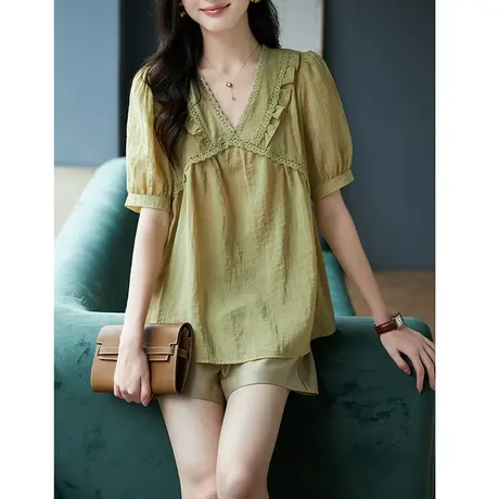 宝诗黎V领蕾丝拼接雪纺衫2023夏季新款泡泡短袖纯色宽松上衣小衫商品大图