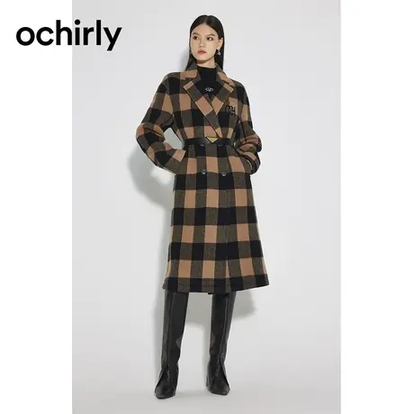 ochirly欧时力羊毛双面呢大衣女新款秋冬配腰带刺绣格子外套图片