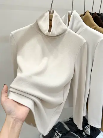 欧货长袖t恤女秋冬2023新款上衣双面德绒加绒高领打底衫女内搭潮商品大图