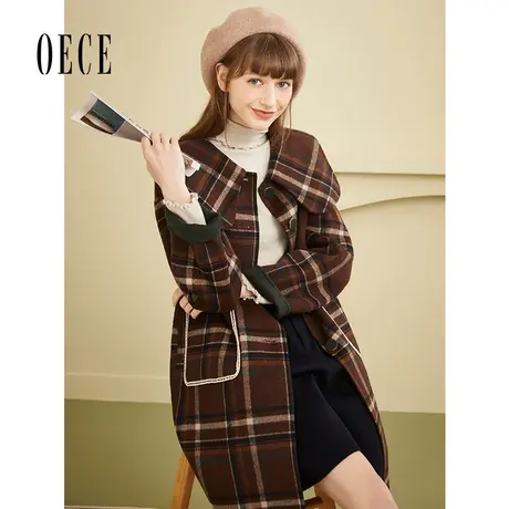 【买1送1】Oece冬装新款格子复古学院羊毛呢子大衣中长毛呢外套商品大图