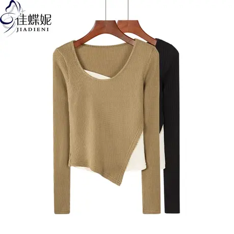 秋冬新款圆领撞色拼接假两件不规则纯棉纯色长袖体恤上衣女打底衫图片