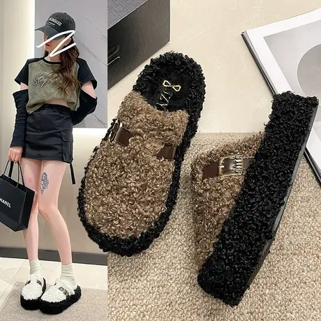 高级感包头羊羔毛毛拖鞋女秋冬外穿2023新款网红厚底增高家居棉拖商品大图