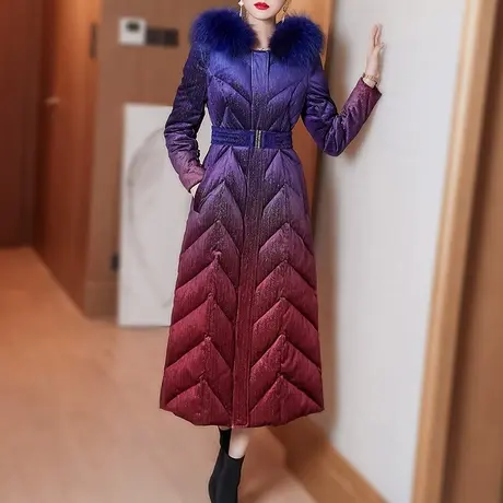 冬季羽绒服女2023年新款修身时尚长款连帽保暖大毛领过膝羽绒外套商品大图
