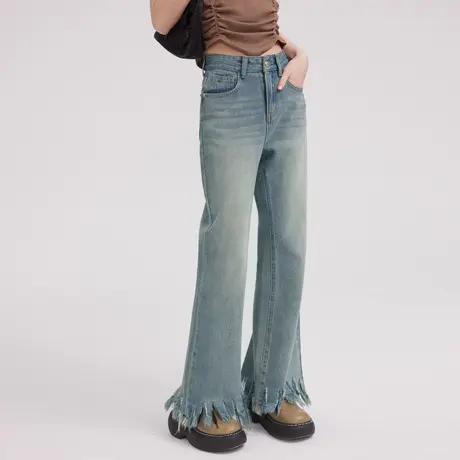 尔给显瘦裤子小众设计感浅色高腰潮牌流苏边微喇叭牛仔裤女小个子商品大图