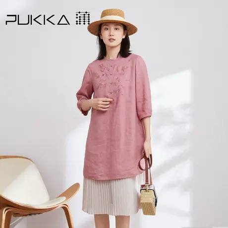 蒲PUKKA 女装亚麻衬衫春装新款中长款时尚绣花衬衣商场同款商品大图