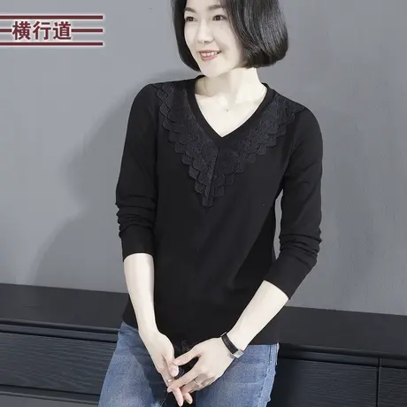 2025新款春季V领花边纯色长袖T恤女装黑色韩版宽松大码妈妈上衣服商品大图