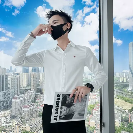 春秋季时尚休闲纯色小刺绣装饰发型师韩版修身男士衬衫痞帅上衣商品大图