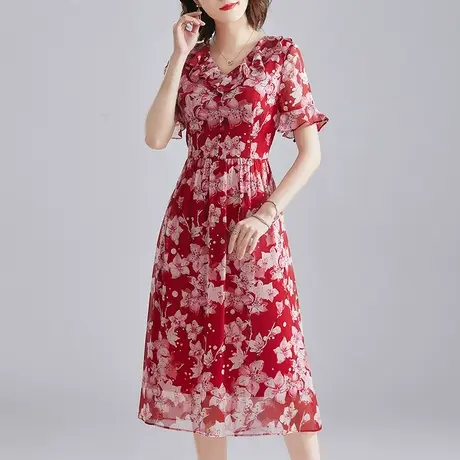 【1件7.9折】夏季新品时尚显瘦优雅中长裙子修身短袖花色连衣裙图片