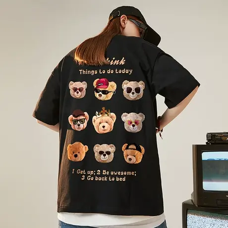 欧美卡通小熊短袖T恤男潮牌ins国潮大码oversize潮流夏季情侣上衣商品大图