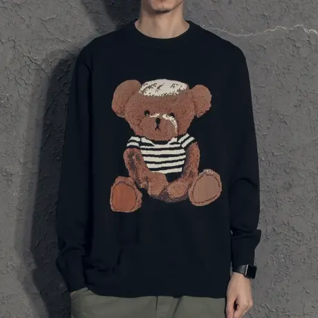 奕飏小熊提花潮牌毛衣男冬季2020新款宽松韩版情侣针织衫外套线衣商品大图