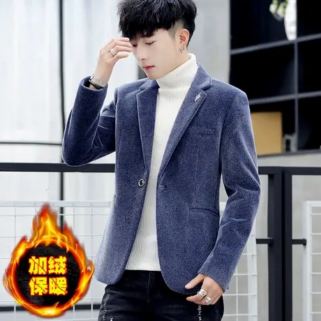 加绒加厚西服男士冬季韩版纯色百搭上衣潮流保暖修身毛呢子小西装商品大图