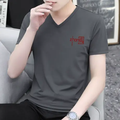 莫代尔短袖t恤男装V领夏季薄款冰丝冰感上衣服中国潮流半袖打底衫商品大图