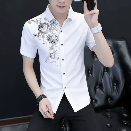 短袖衬衫男韩版潮流修身休闲印花青少年夏季半袖花衬衣帅气寸衫潮商品大图