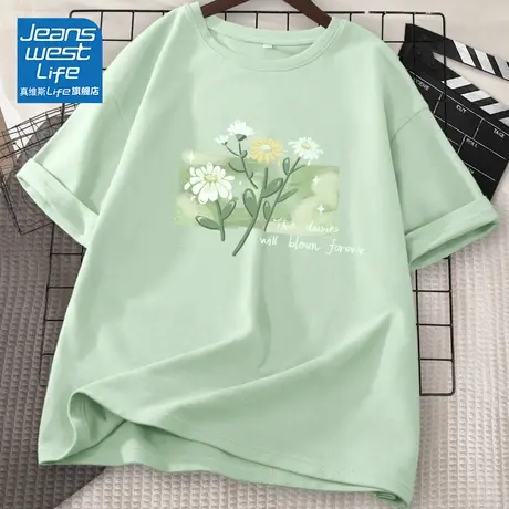真维斯LIFE绿色短袖t恤女2023新款夏纯棉宽松显瘦设计感小众上衣V商品大图