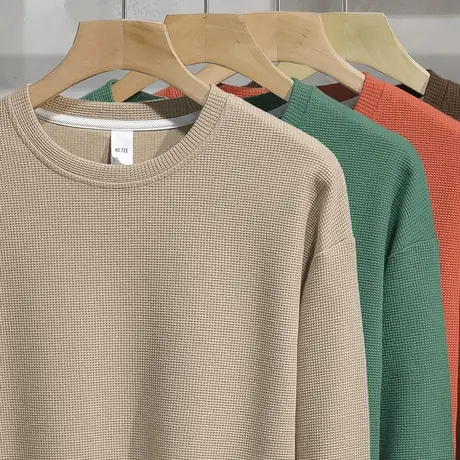 春秋款华夫格卫衣男秋冬季保暖加厚加绒圆领无帽宽松纯色长袖t恤商品大图