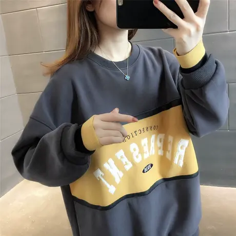 2023秋冬韩版新款加绒卫衣女拼色刺绣字母潮流中长款百搭宽松上衣图片