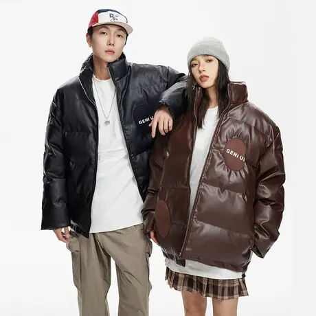 街头潮牌复古PU皮棉服女加厚冬季外套2023新款拼接情侣装宽松棉衣图片