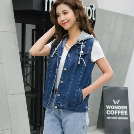春秋韩版牛仔马甲女中长宽松新款无袖BF风背心深蓝大码带帽连帽图片