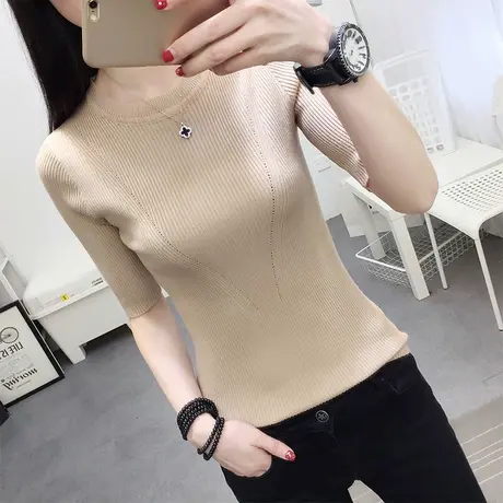 针织衫女套头修身毛衣内搭可外穿五分袖中袖上衣七分袖打底衫春秋图片