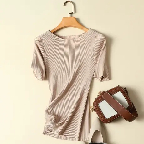 清仓!短袖打底衫女套头修身显瘦一字领百搭针织t恤内搭冰丝上衣女商品大图