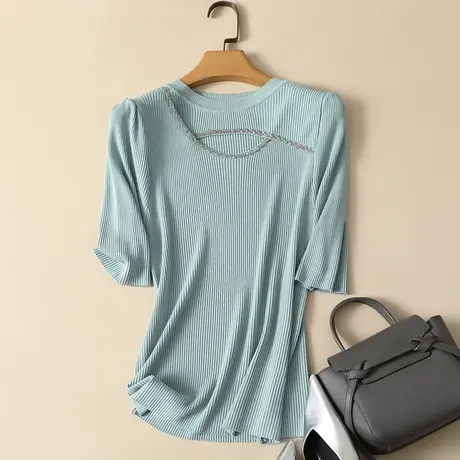 春夏2024年新款中袖冰丝针织打底衫女薄款内搭五分袖上衣短袖t恤图片