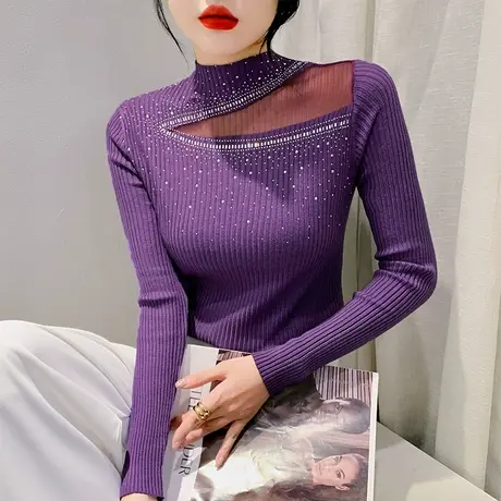 欧货复古烫钻拼接针织衫性感网纱拼接镂空上衣洋气修身减龄打底衫商品大图