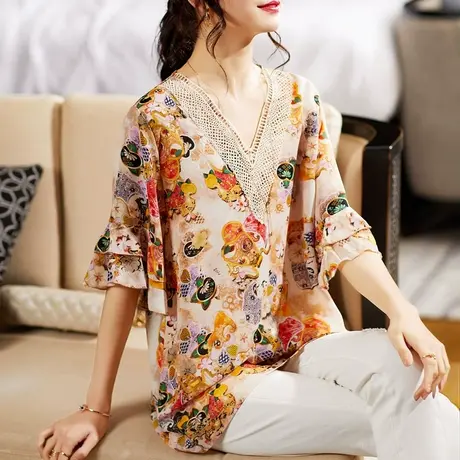 高端雪纺衫女上衣短袖碎花2023年新款宽松遮肚子大码女装胖mm春夏图片