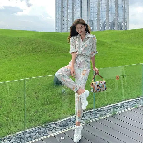 2023年女神休闲职业OL工装灯笼裤女高腰显瘦连体裤套装印花长裤子商品大图