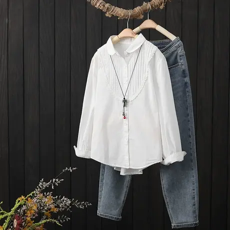 拼接褶皱纯棉白色衬衫女长袖秋季新品宽松休闲短款衬衣打底衫上衣图片
