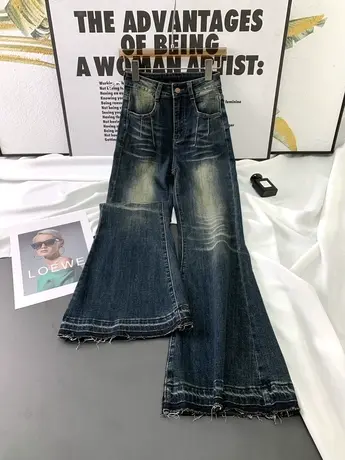 韩版弹力修身牛仔喇叭裤女2023秋季新款复古磨白百搭高腰微喇长裤商品大图