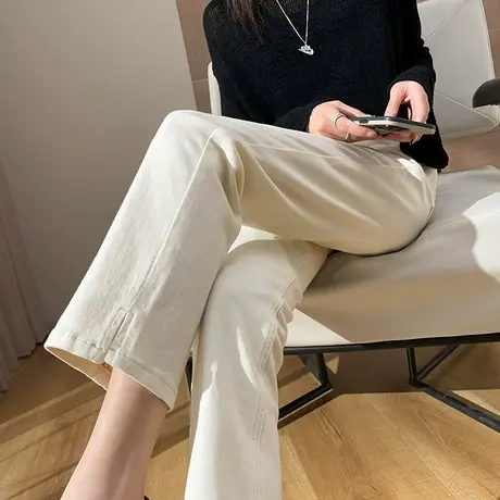 米白色直筒牛仔裤女春秋2023新款裤子宽松高腰九分小个子烟管裤商品大图