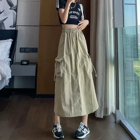美式复古工装半身裙女夏装薄款高腰显瘦抽绳小众速干a字中长裙子图片