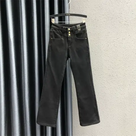 黑色三粒扣加绒加厚微喇裤女23秋冬新款个性贴布休闲百搭牛仔长裤图片
