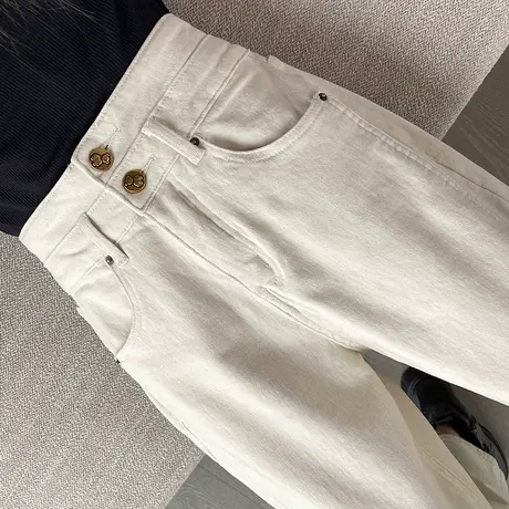 米白色老爹牛仔裤女加厚薄绒秋冬高腰直筒宽松阔腿显瘦哈伦萝卜裤商品大图