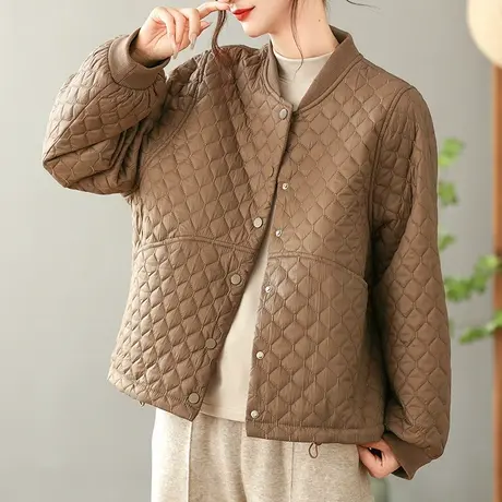 dza 复古宽松菱格棒球服棉衣外套女冬季保暖棉袄上衣休闲短款棉服图片