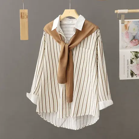 慵懒风条纹衬衫外套女秋装2024新款韩系休闲衬衣宽松显瘦长袖上衣商品大图