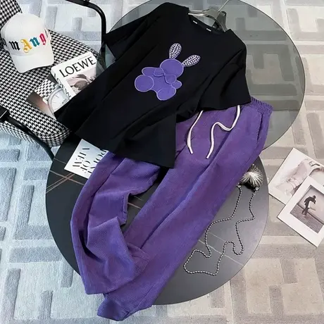 网红炸街纯棉运动服套装女夏季薄款宽松短袖长裤小个子休闲两件套商品大图