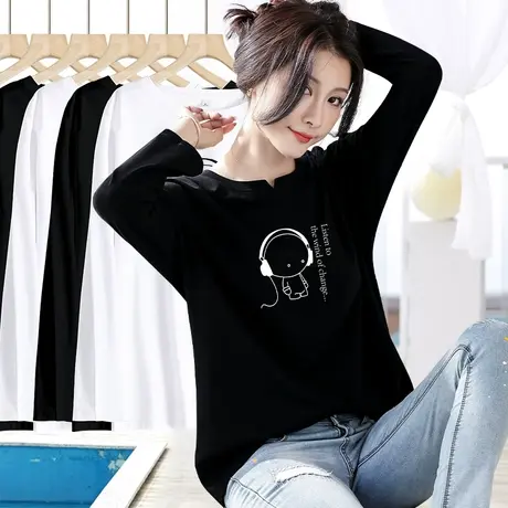 胖mm上衣女宽松休闲简约百搭大码慵懒风长袖印花t恤黑色纯棉上衣图片