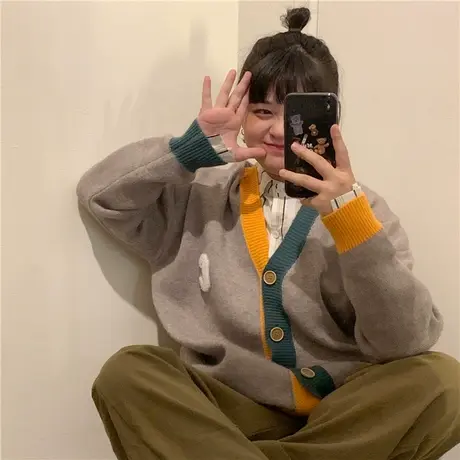 港风休闲复古小个子开衫毛衣外套女2023秋冬新款学生撞色百搭上衣图片