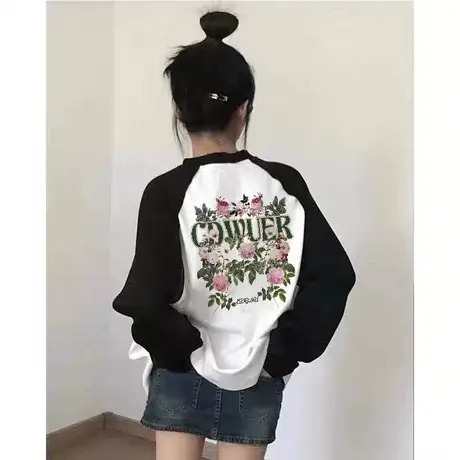 撞色纯棉T恤女薄早秋潮ins美式复古宽松打底衫落肩长袖加绒上衣冬图片