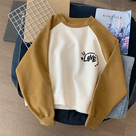 美式重磅插肩袖无帽卫衣2023新款女款春秋季新款小个子圆领上衣服商品大图