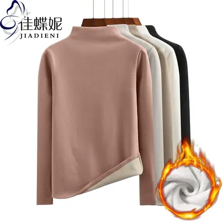 秋冬韩版半高领纯棉长袖体恤打底衫女加绒百搭加厚基础款内搭上衣商品大图