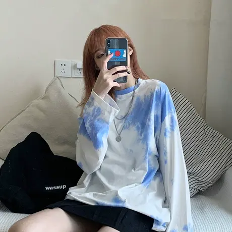 2024年早春新款夏季甜辣妹宽松小众别致扎染长袖t恤女装上衣潮ins图片