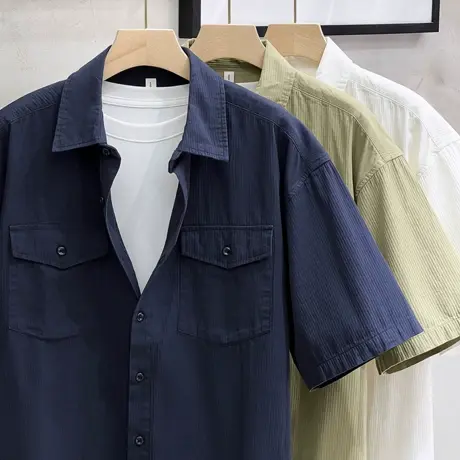 肌理暗纹2023夏季纯棉日系短袖工装衬衫男士宽松外穿衬衣外套寸衫图片