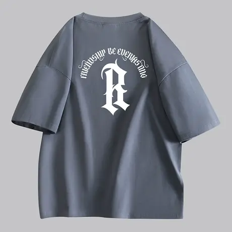 2024新款美式高街体恤男装纯棉重磅t恤男士夏季圆领短袖无领上衣商品大图