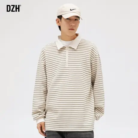 男士条纹长袖t恤男春秋款潮牌宽松男装2023新款半拉链polo衫上衣商品大图